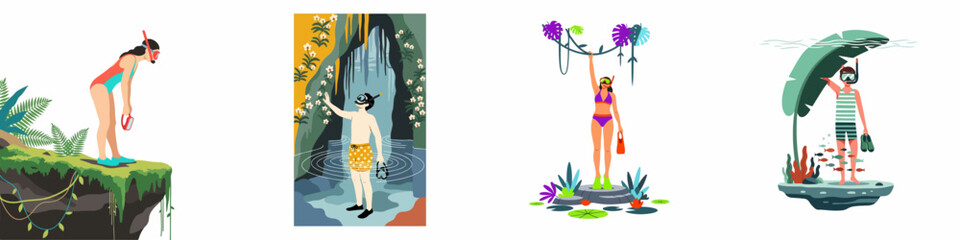 Collection of flat style illustrations depicting people snorkeling and exploring tropical water environments, including underwater scenes, caves, and coastal cliffs. © Baiti