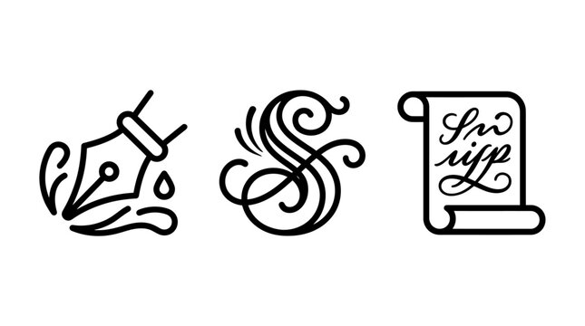 Set of linear icons showcasing fountain pen nib script lettering and scroll paper document with calligraphy lettering document typography illustration creative alphabet business stationery