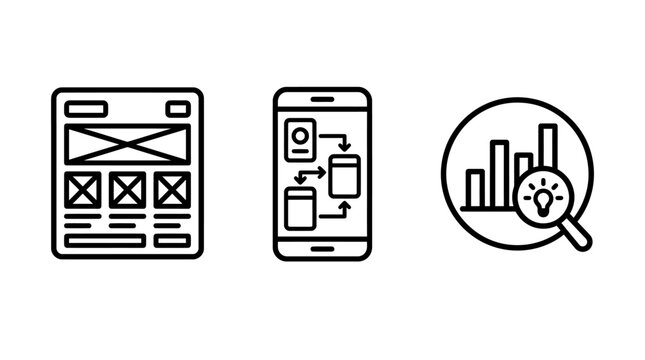 Wireframe layout and data insight icon set for web development with wireframe development application analysis structure interface blueprint technology planning prototype creation research