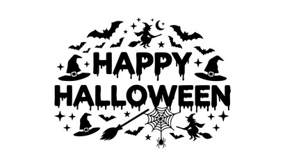 Fototapeta premium Happy Halloween dripping text silhouette with bats and witches vector illustration EPS