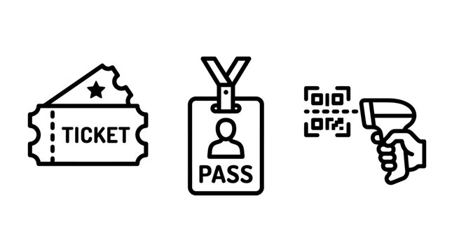 Event entry ticket pass and qr code scanner icons with check in verification admission scanning technology identification security validation electronic management operational efficiency