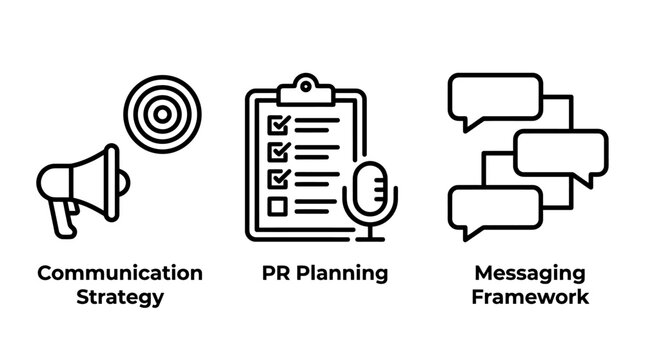Communication strategy and pr planning icons with public relations speech bubbles corporate communications communication strategy planning messaging framework business management marketing