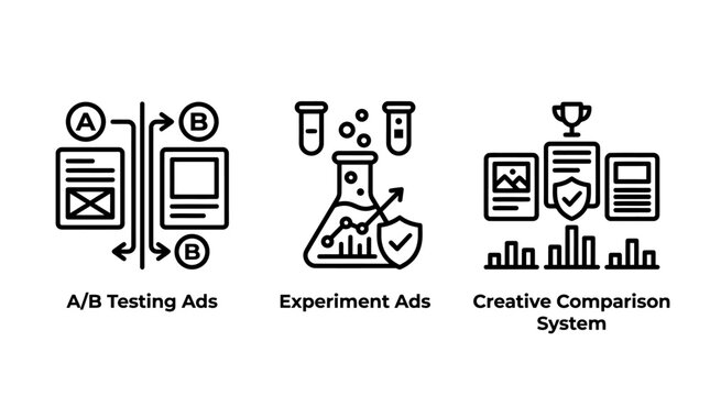 Digital advertising and marketing research icons featuring ab testing laboratory experiment creative comparison experiment comparison advertising marketing research creative analysis strategy