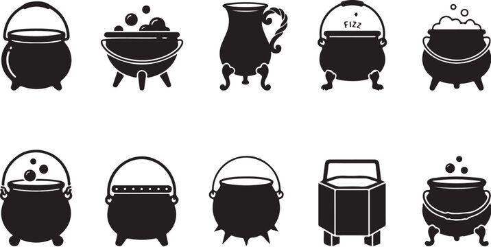 Set of black witch cauldron and magic pot silhouettes