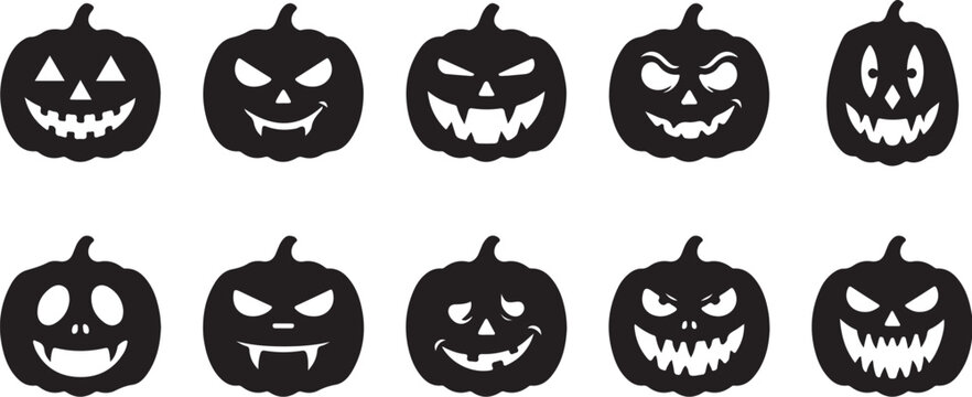 Black halloween pumpkins with different carved faces