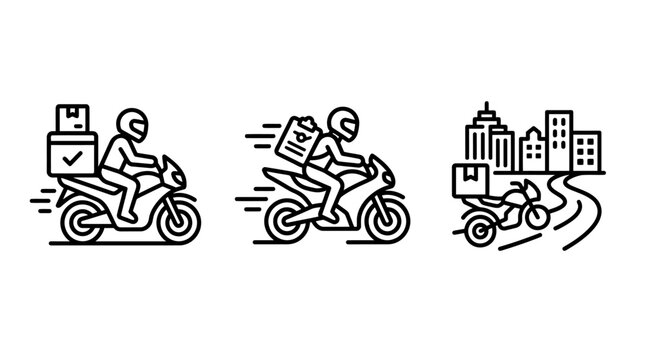 Motorcycle courier food delivery icons set showing delivery rider with packages and city transport e commerce two wheeler motorcycle delivery transport logistics shipping motorbike e-commerce
