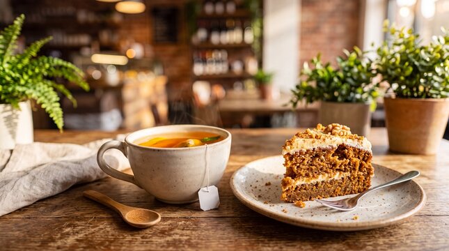 Indulgent Carrot Cake Slice with Hot Tea in Cozy Cafe