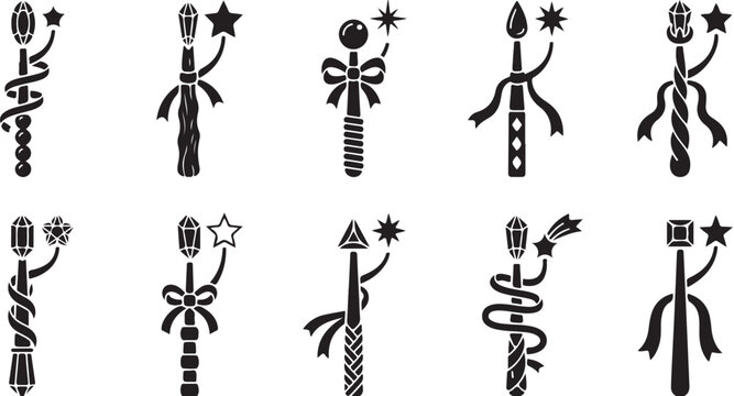 Set of magic wands with crystals and stars icons