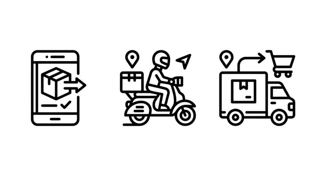 Delivery app and order logistics outline icons with delivery truck scooter delivery order tracking logistics icon delivery logistics shipping transport transportation business commerce