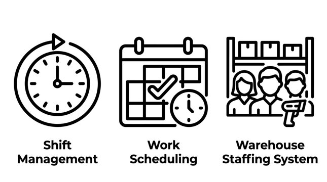 Set of three icons representing shift management work scheduling warehouse staffing system management scheduling warehouse staffing calendar personnel logistics operations business