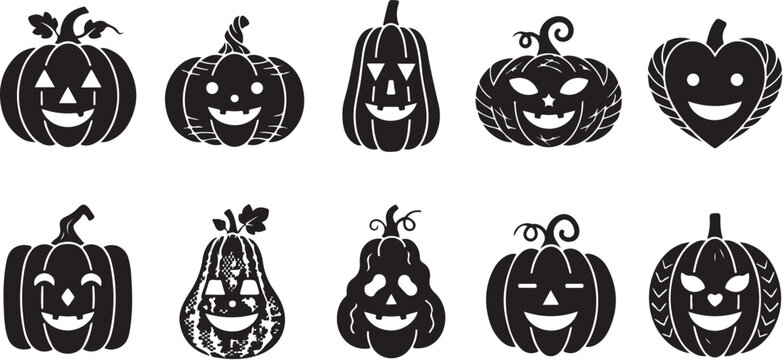 Set of halloween pumpkin silhouettes with different scary and funny faces