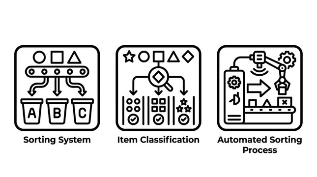 Industrial sorting and item classification systems line icons set with classification automation conveyor logistics industry manufacturing technology equipment management distribution