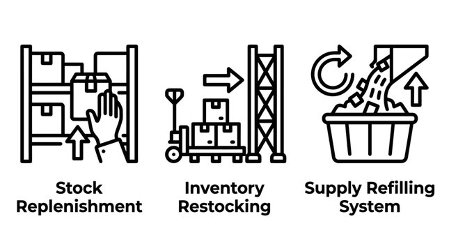 Stock replenishment and supply refilling inventory process icons with replenishment inventory restocking refilling warehouse logistics management distribution handling business shipping