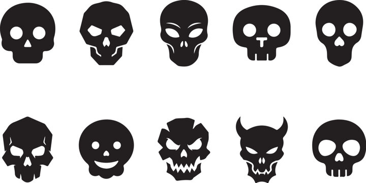 Set of various skull icons and human head silhouettes for design