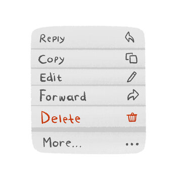Hand drawn iOS message menu illustration with crayon texture, cute chat action pop up overlay with reply copy edit forward delete and more buttons, isolated