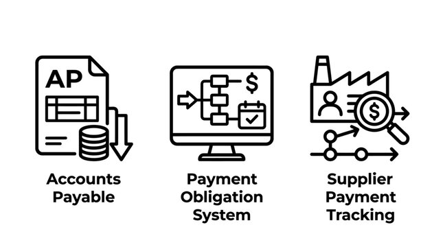 Set of accounting icons for accounts payable payment obligation system and supplier payment tracking accounting business accounts tracking management financial corporate expenditure software