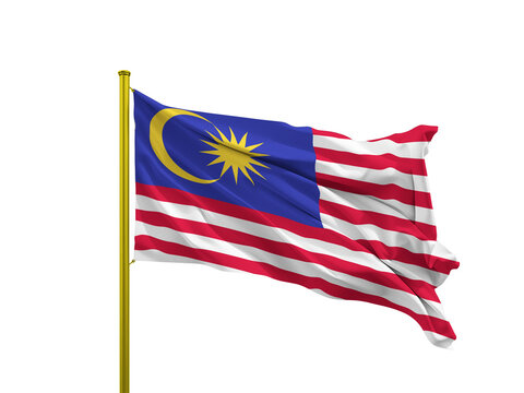 Malaysia flag waving on a golden pole isolated on Transparent Background