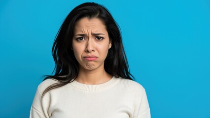 Fototapeta premium Disappointment on Blue: A young woman with dark hair and a furrowed brow expresses her disappointment and sadness, her lips pursed in a pout against a vibrant blue background.