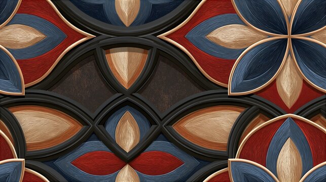 Seamless geometric mosaic pattern featuring ornate floral elements and dark architectural borders geometric seamless background decorative artistic architectural intricate repeating abstract