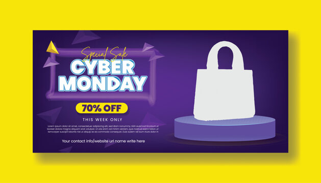 Cyber Monday Sale Promotional Horizontal Banner Template For Online Shopping Ecommerce Marketing Social Media Cover Header template With Special Discount Offer And Digital Advertising with 3d podium