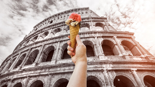Famous Colosseum in Rome, Italy and Italian Ice Cream Gelato in Summer