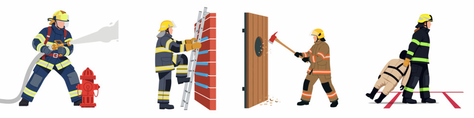 Fototapeta premium Set of Firefighters in Action: Spraying Water, Climbing Ladder, Breaking Door with Axe, and Rescuing Victim, Isolated Vector Illustration