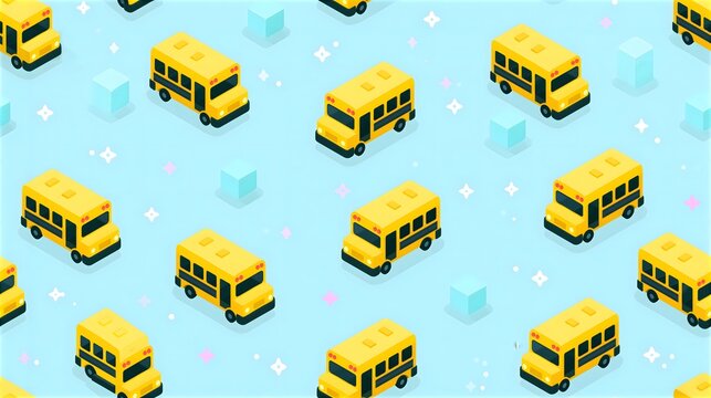 Seamless isometric pattern of yellow school buses on light blue dotted background with transportation isometric seamless background education children wallpaper wrapping illustration learning