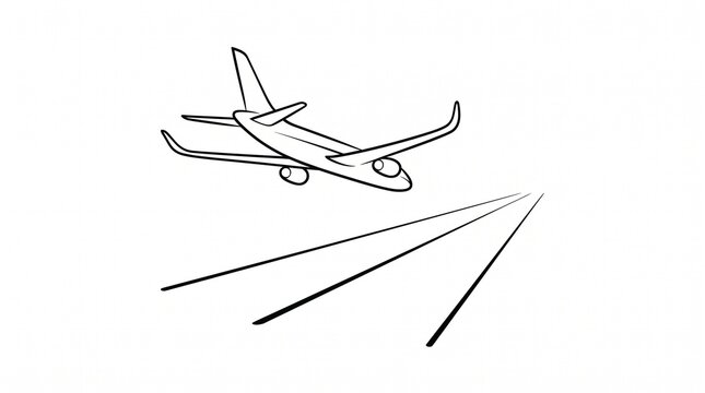 Minimalist line art illustration of a passenger airplane landing on a runway, clean black and white aviation vector icon