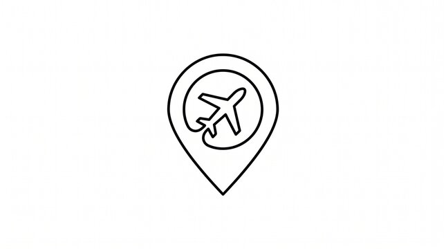Minimalist travel logo design of a map location pin containing a flying airplane, continuous line art vector icon