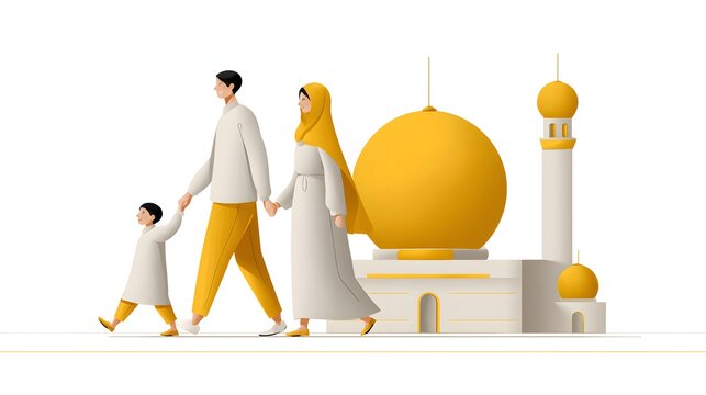 Muslim Family Walking Past Mosque