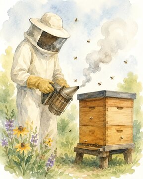 Beekeeper in protective suit using bee smoker on wooden hive watercolor