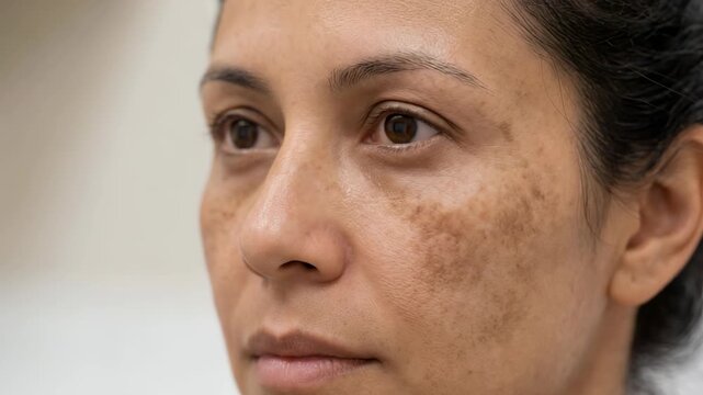 A woman is sitting in a clinic for a skin treatment. She has dark spots on her skin. A medical professional is discussing the treatment options