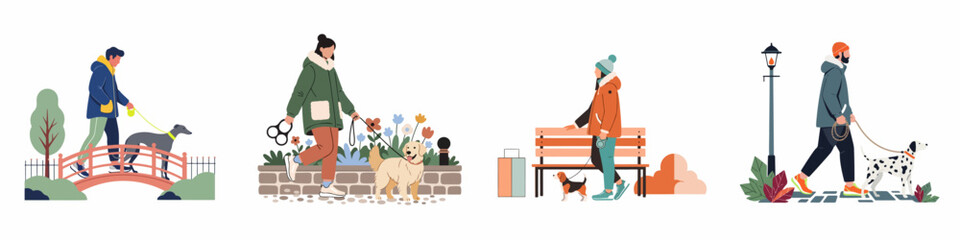 Vector illustration set featuring diverse men and women walking their dogs in various park and urban environments during a crisp autumn or spring day.