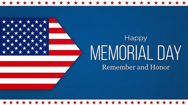 Patriotic Memorial Day banner with American flag, stars, and text for remembrance and honor celebration