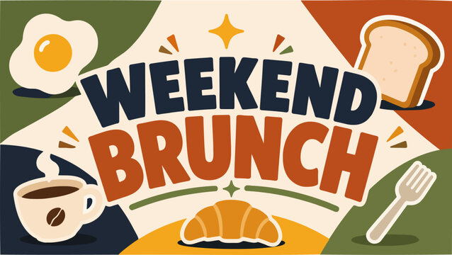 Retro graphic illustration for a weekend brunch menu featuring coffee, egg, and croissant icons.