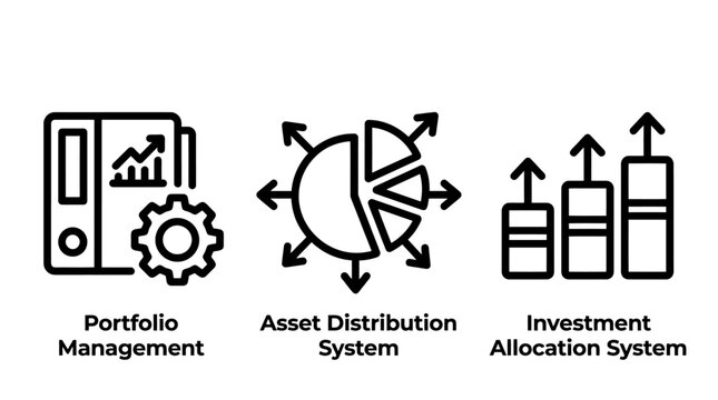 Business management icon set including portfolio analysis asset distribution chart investment allocation bar graph portfolio management distribution investment allocation business