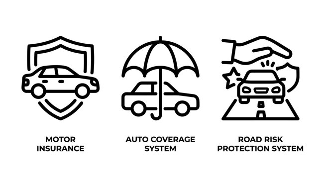 Motor insurance and auto coverage system vector icon collection with insurance coverage protection accident transport business security collision automotive maintenance management financial