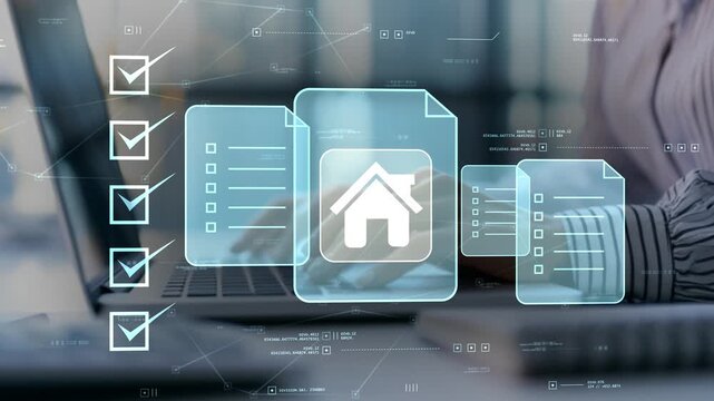 Businesswoman managing home buying documents with digital house icon, purchase checklist, secure paperwork, property transaction workflow and real estate process