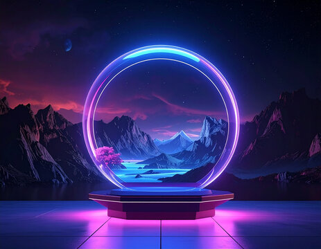 Vibrant neon portal reveals serene mountain landscape with glowing purple ring at dusk.