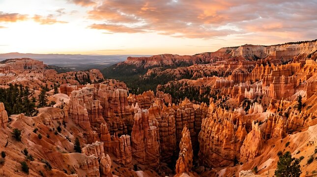 Sunset over hoodoos and rock formations in a vast canyon landscape