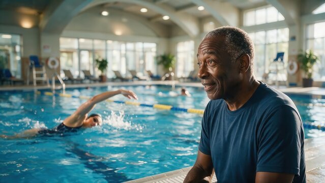 Active senior adults swimming and exercising in pool. Senior man in blue shirt sits by swimming pool while elderly woman swims in water fitness session at indoor facility