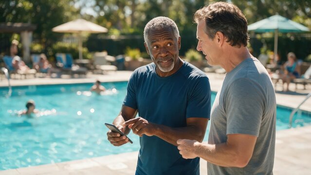 Active senior adults swimming and exercising in pool. Senior men discussing smartphone by swimming pool with water fitness activities and lounge chairs in the background