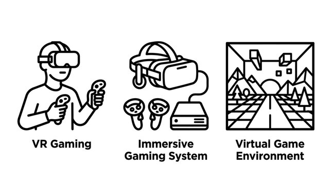 Virtual reality gaming setup with headset and controllers icons head mounted controller environment immersive technology interface simulation metaverse graphics collection software