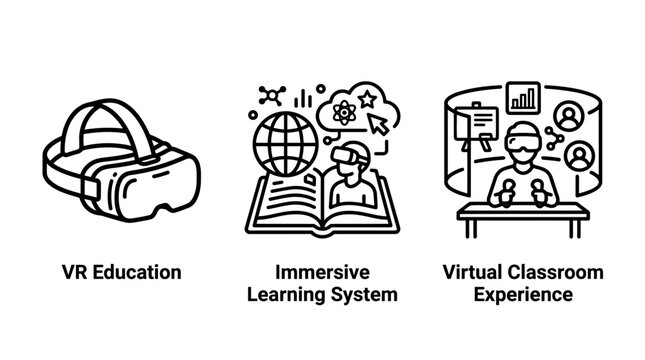 Virtual reality education immersive learning system and virtual classroom icons with e learning education learning immersive classroom technology training innovation knowledge simulation