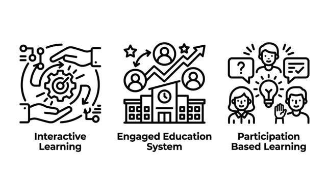 Interactive and participation based learning icons with learning interactive education participation collaboration students teaching engagement teamwork knowledge classroom discussion