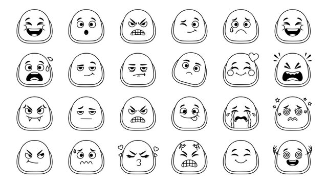 Cartoon Faces Showing Various Expressions in a 6x4 Grid Featuring Emotions, Happy, Sad with Angry and Surprised Elements