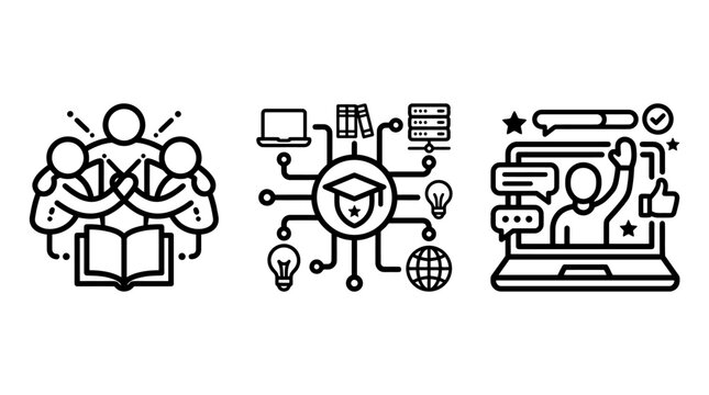 Set of e-learning and digital education icons featuring students studying online and virtual classrooms elearning education classroom learning knowledge university academic technology