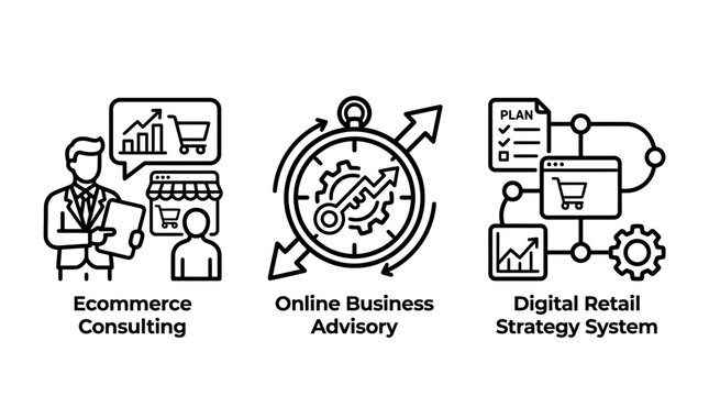Ecommerce consulting and digital retail strategy system icons with ecommerce consulting business advisory strategy shopping management planning marketing optimization infographic customer