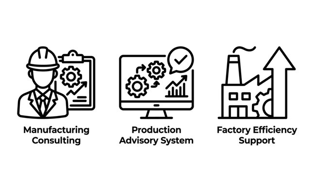 Manufacturing and production optimization icons set focused on consulting advisory systems and factory efficiency improvements with manufacturing production consulting advisory efficiency