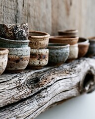 Fototapeta premium Rustic Ceramic Bowls on Aged Wood Shelf: Earthy Tones and Handcrafted Texture